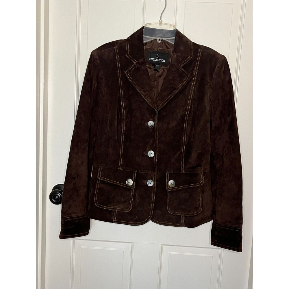B Collection Womens M Brown Suede Leather Blazer Jacket Y2K Contrast Stitch